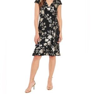 London Times Black and Gold Floral One Shoulder Dress